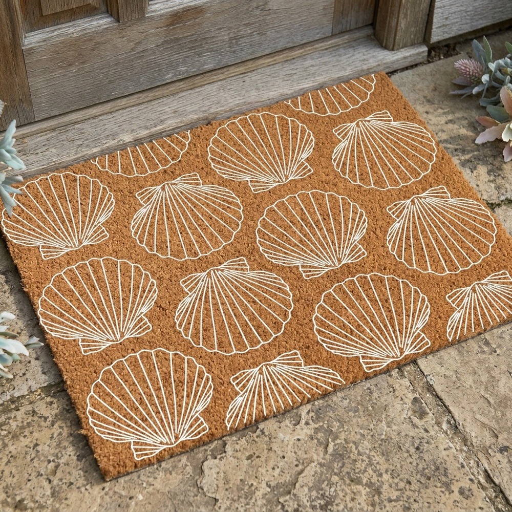 Coastal Scallop Seashell Coir Doormat Beach House Welcome Mat Brown White